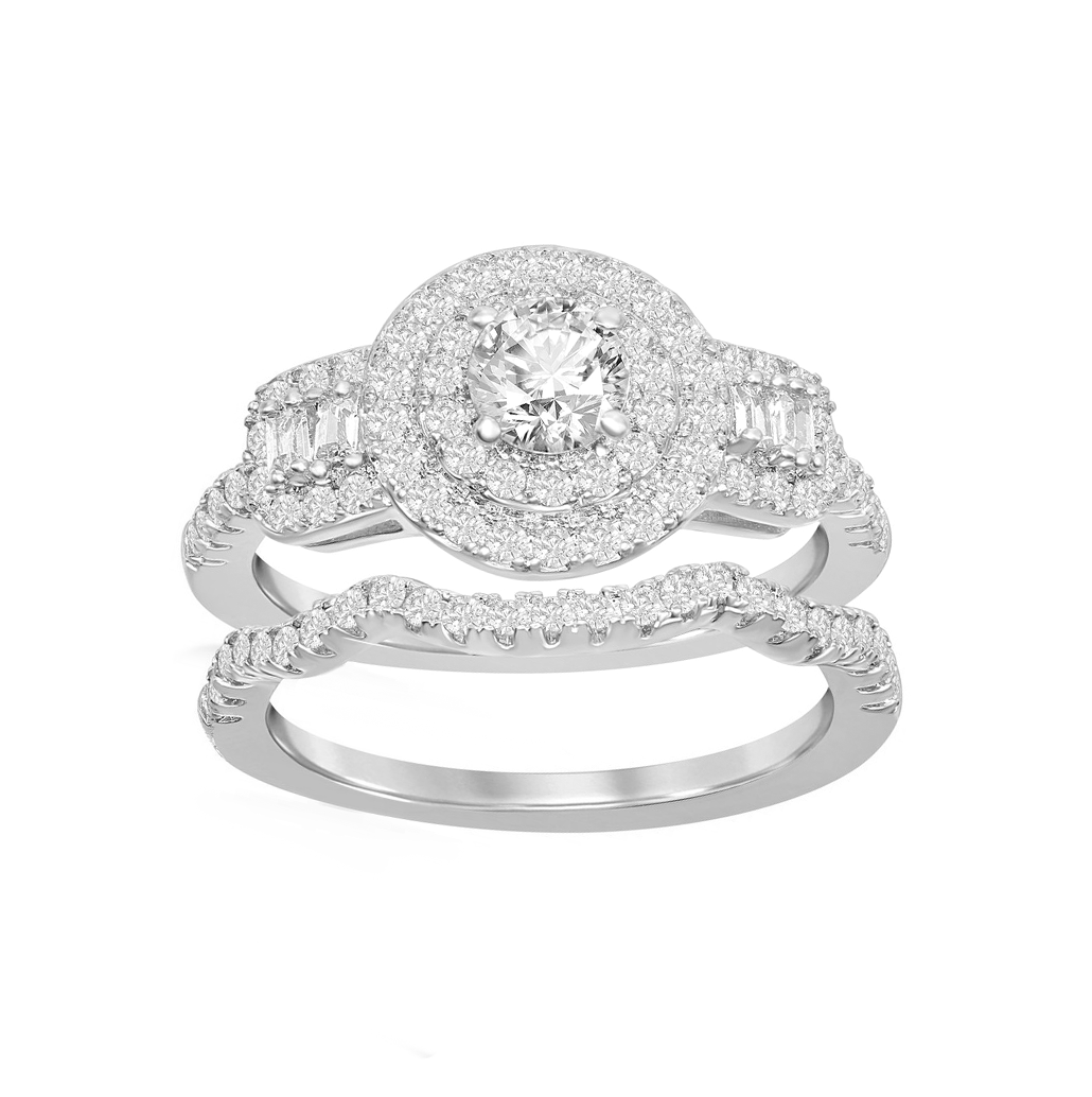 Round Double Halo Baguette Side Stones Ring Set